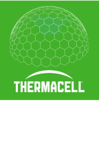 White vector graphic of Thermacell on a green background.